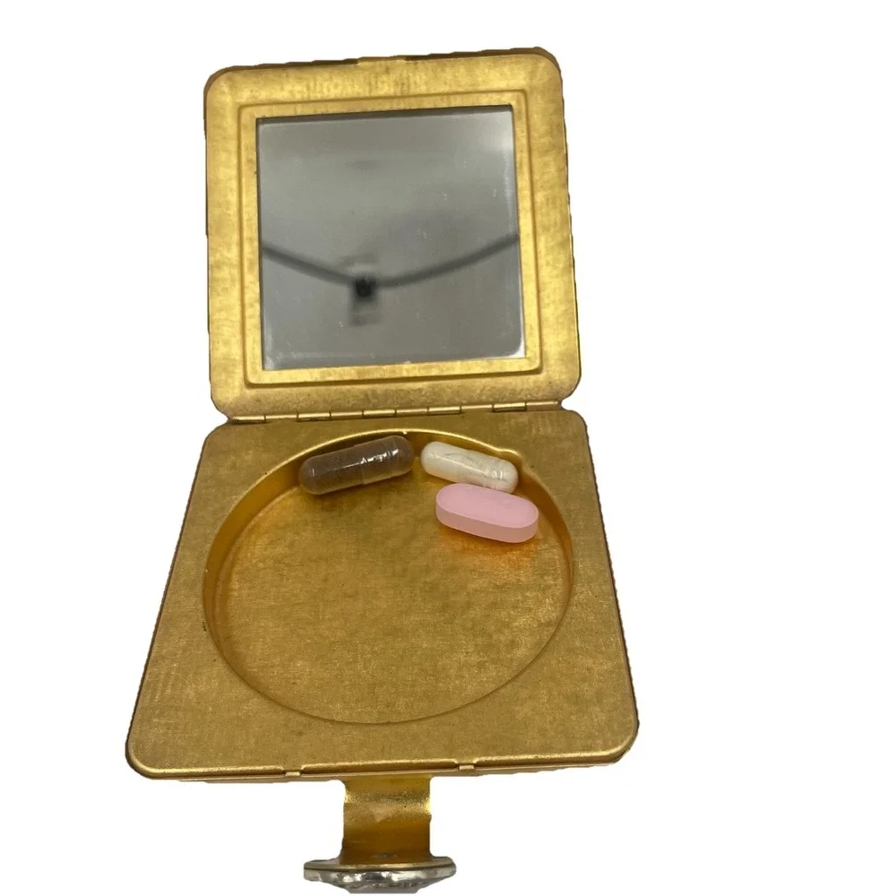 Vintage Gold Tone Metal Rhinestone Clasp Mirror Powder Compact Box Avon Imperial